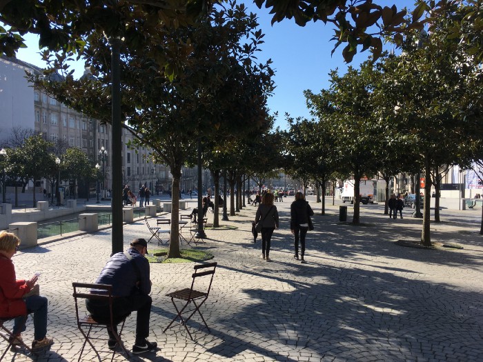 Brick plaza with several rows of trees, seating and apartments along the side in Porto, Portugal. 