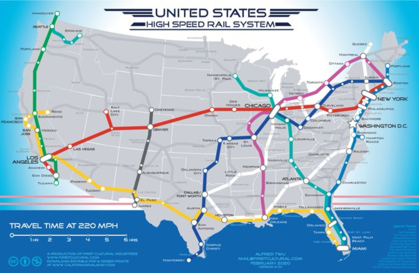 There are several cross-county corridors in Alfred Twu's ambitious high speed rail map including LA to Boston, LA to Miami and, going north-south, Tijuana to Vancouver,  Monterrey to Chicago, and Miami to Portland, Maine. 