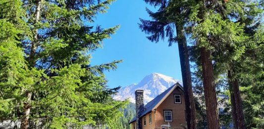 Some Douglas firs and Mount Tahoma frame National Park Inn wooden lodge in Longmire.