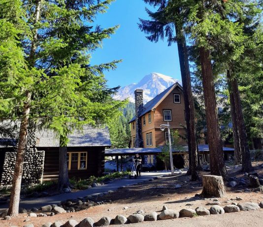 Five Concepts That Will Change Planning and Growth Management in Washington Some Douglas firs and Mount Tahoma frame National Park Inn wooden lodge in Longmire.