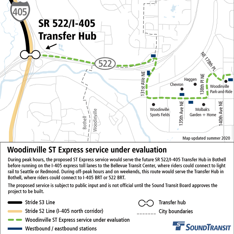 The Woodinville ST Express route under consideration in Woodinville use SR-522, 131st Avenue NE, NE 175th St, 138th Pl NE, and NE 178th Pl before arriving at Woodinville Park-and-Ride. Only the primary segment is shown. (Sound Transit)