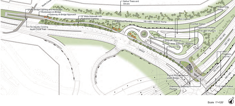 Conceptual layout of the I-405/SR-522 transfer hub in Bothell shows the BRT station sandwiched in the middle of the interchange. (Sound Transit)