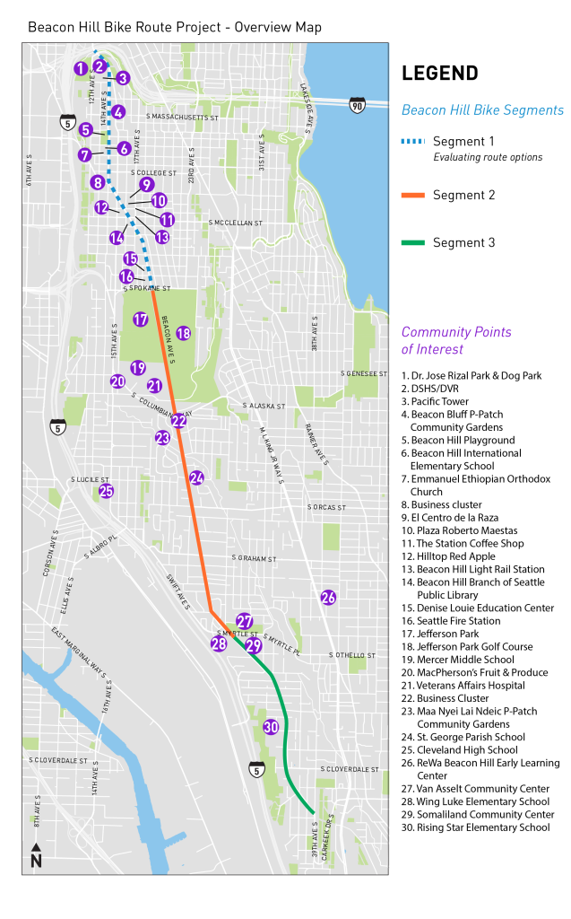 SDOT's planned Beacon Hill Bike Route uses Beacon Avenue and notes key destinations along the path. (SDOT)