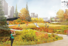 Downtown Bellevue Needs a Bigger Freeway Lid Pedestrians enjoy landscaping in this architect rendering.