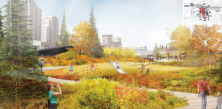 Pedestrians enjoy landscaping in this architect rendering.