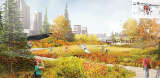Pedestrians enjoy landscaping in this architect rendering.