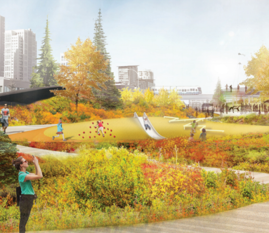 Downtown Bellevue Needs a Bigger Freeway Lid Pedestrians enjoy landscaping in this architect rendering.