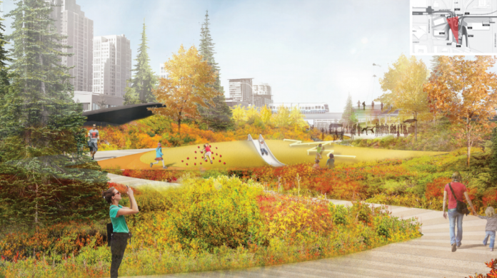 Pedestrians enjoy landscaping in this architect rendering.