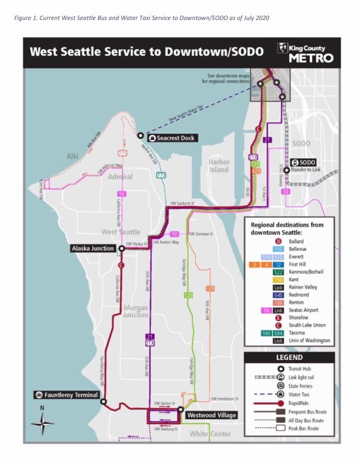 RapidRide C, Route 120, and Route 50 are among the key bus routes in West Seattle. The West-Seattle water taxi leaves from Colman Dock. 
