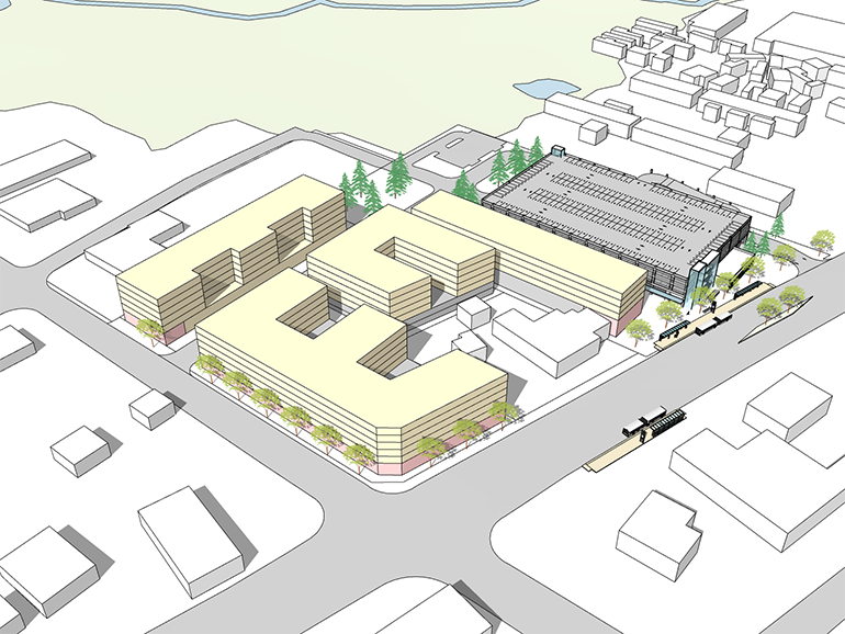 Early concept of the future Kenmore park-and-ride garage with TOD arranged in four six-story buildings. (Sound Transit)