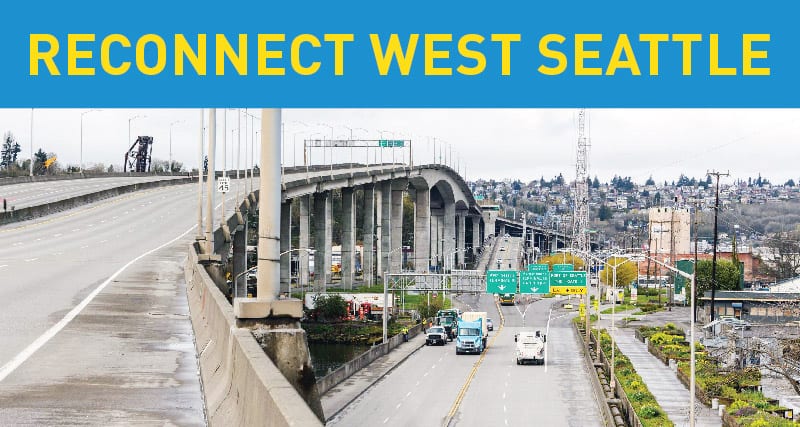 West Seattle looms in the backs from the West Seattle Bridge's Harbor Island approach.