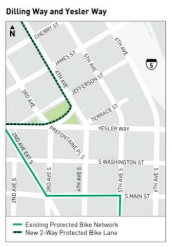 Chosen routing for 4th Avenue's bike lane via Dilling Way. (City of Seattle)