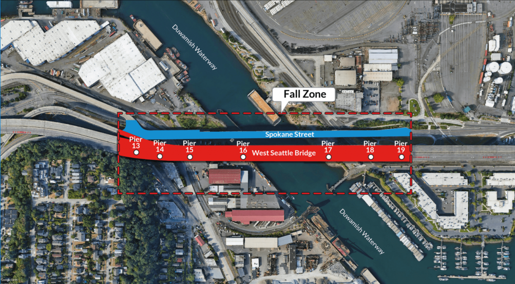 A red box delineates a fall zone around the West Seattle Bridge.