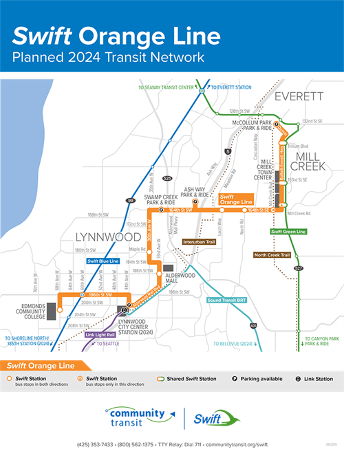 Swift Orange line runs from Edmonds Community College to Lynnwood City Center station to park and rides at Swamp Creek and Ash Way and on to Mill Creek Town Center and McCollum Park and Ride. 