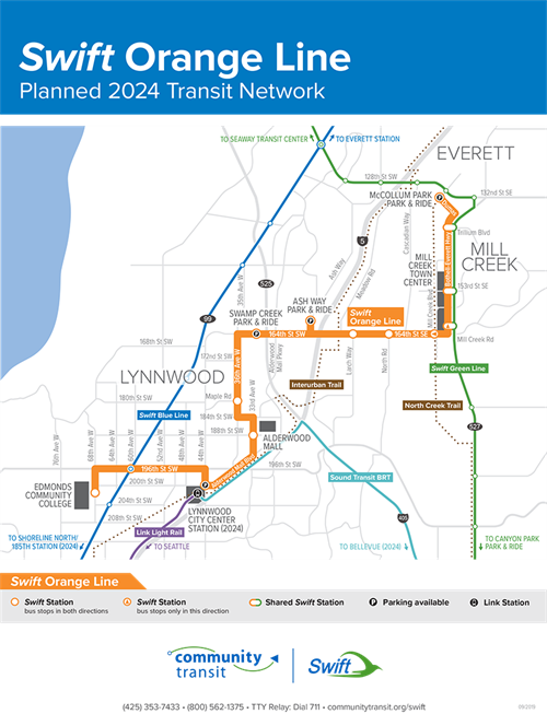 Swift Orange line runs from Edmonds Community College to Lynnwood City Center station to park and rides at Swamp Creek and Ash Way and on to Mill Creek Town Center and McCollum Park and Ride.