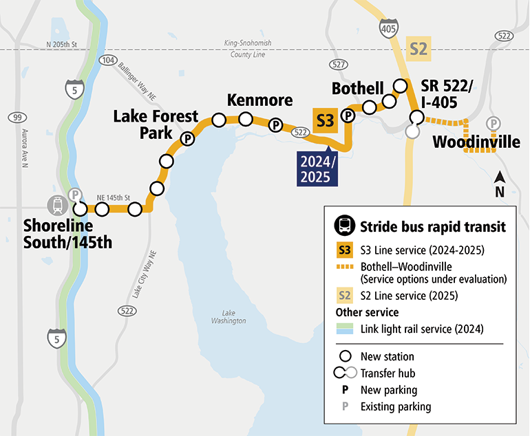 Conceptual S3 Line corridor and stops with connecting lines. The western terminus is the park and ride and sure Shoreline South light rail station north of NE 145th Street. The line also serves two more stops on NE 145th Street, Lake Forest Park, Kenmore, Bothell. (Sound Transit)