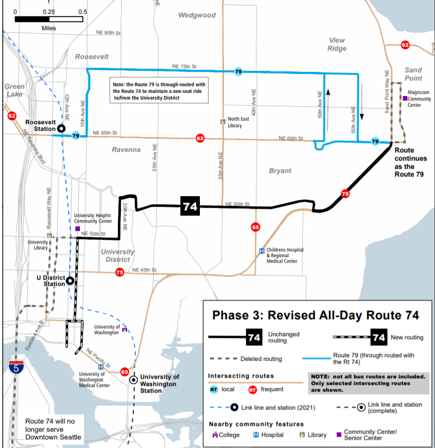 Map of routing for the 74 and 79 through Northeast Seattle