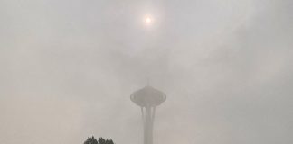 Space Needle shrouded in wildfire smoke from Oregon and California in late summer 2020.