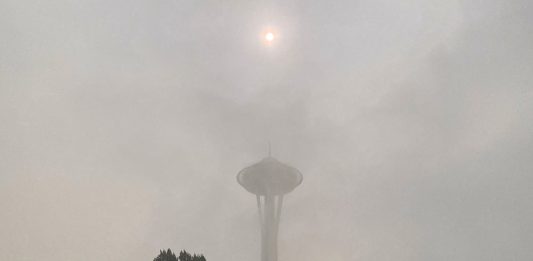 Space Needle shrouded in wildfire smoke from Oregon and California in late summer 2020.