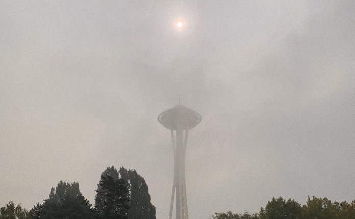 Space Needle shrouded in wildfire smoke from Oregon and California in late summer 2020.