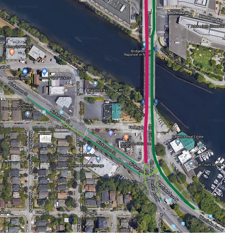 A map of the southend of the Fremont Bridge showing connections to nearby streets. Credit: Ballard-Fremont Greenways