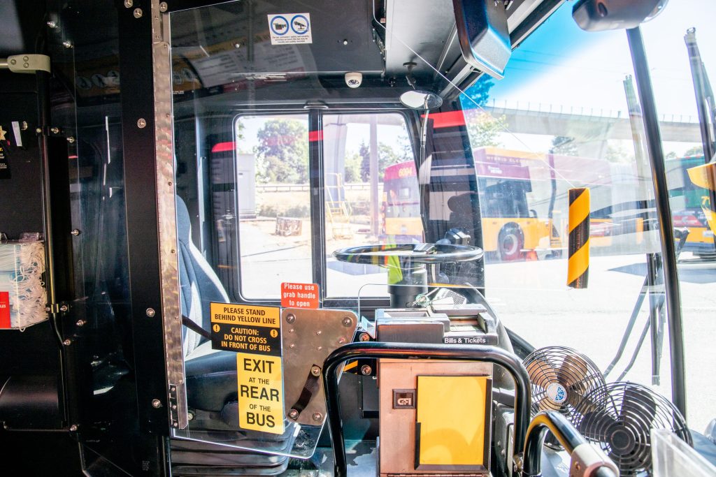 New partition on a Metro bus protecting bus operators. (King County)