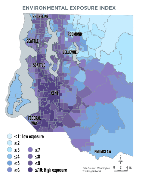 Environmental exposure index shows that South King County is facing the worst exposure.