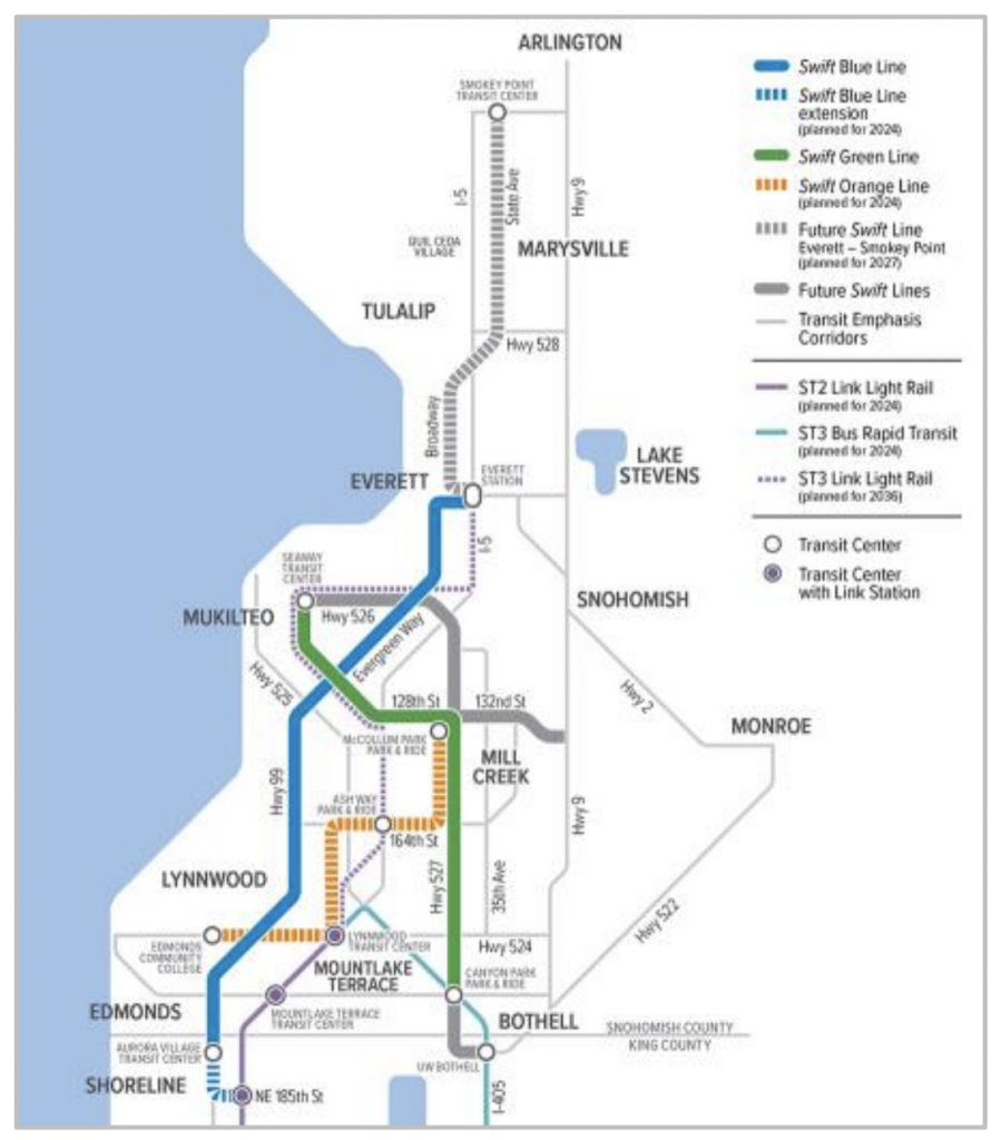 Community Transit's planned Swift network with connections to light rail and other bus rapid transit. The Blue Line runs from Shoreline to Everett along SR-99, Green runs from Bothell to Mulkiteo, and the Orange Line connects Edmonds Community College to McCollam Park and Ride via Montlake Terrace Station. (Community Transit)