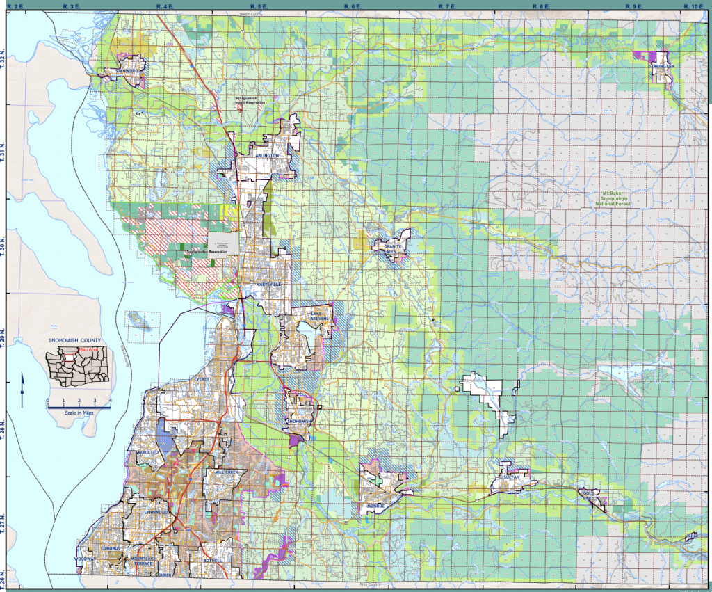 Zoning map of Snohomish County. White areas are not under county zoning authority. Non-green areas are generally urban zones and greenish areas are general rural, resource, and farmland zoning. (Snohomish County)