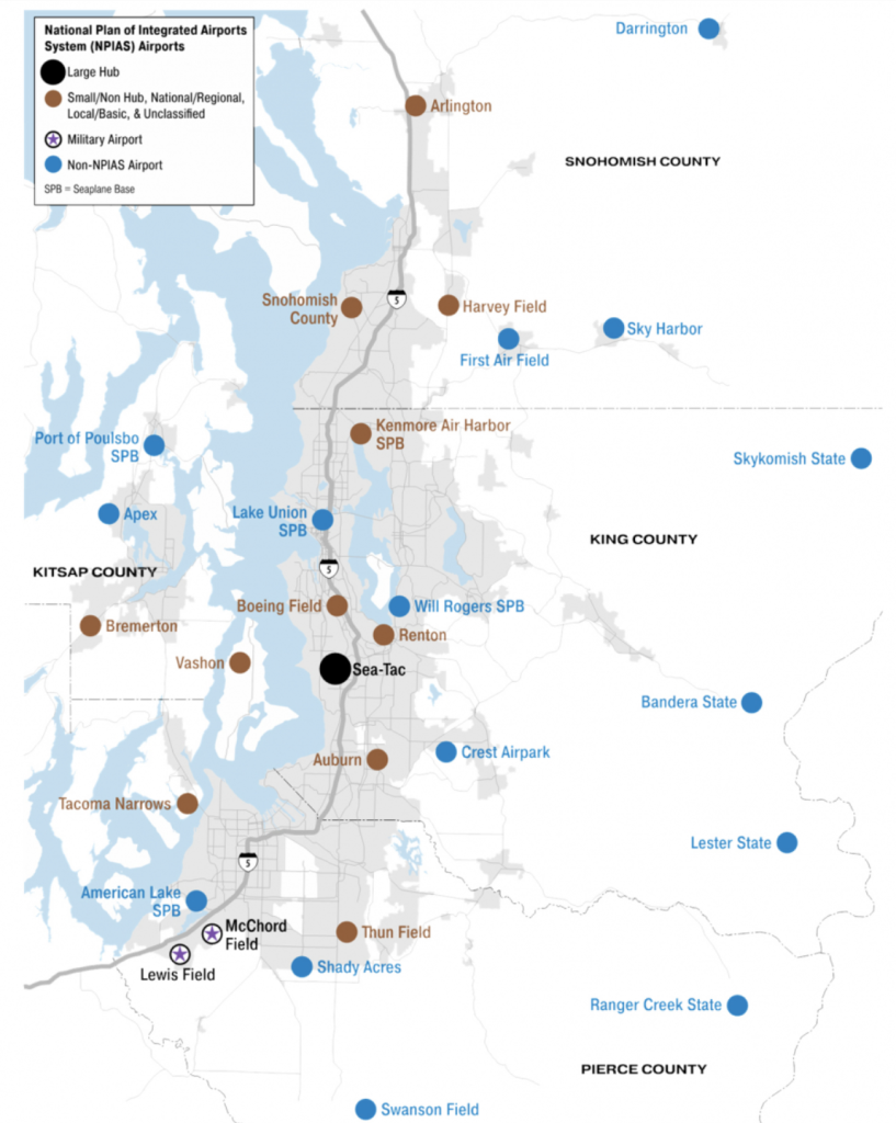 Locations of airports within the four-county PSRC region. (PSRC)