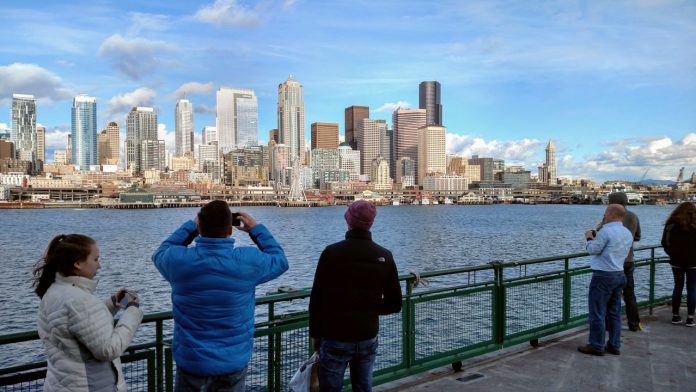 Downtown Seattle skyscrapers seen from a ferry in Elliott Bay
