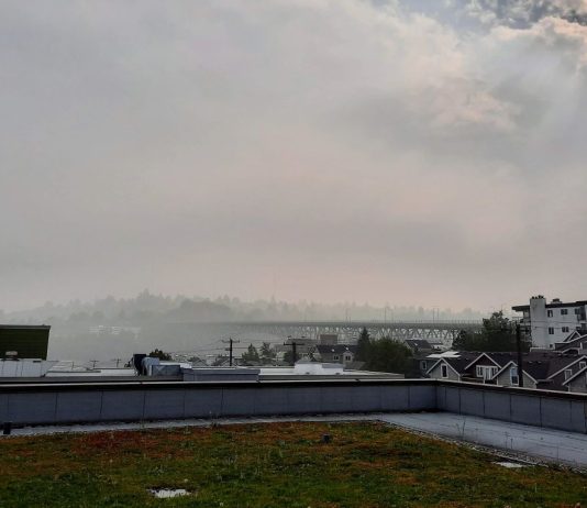 Cascadia Needs to Change Its Ways to Keep from Burning Up Fremont rooftops with a haze of smoke over and sun barely poking through.