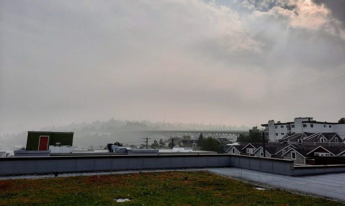 Fremont rooftops with a haze of smoke over and sun barely poking through.