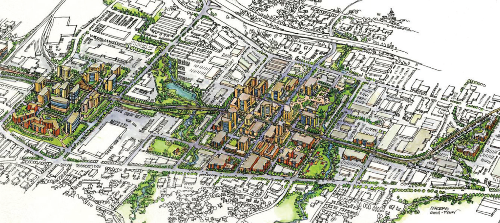 Aerial rendering of Bel-red neighborhood with TOD near Link stations.