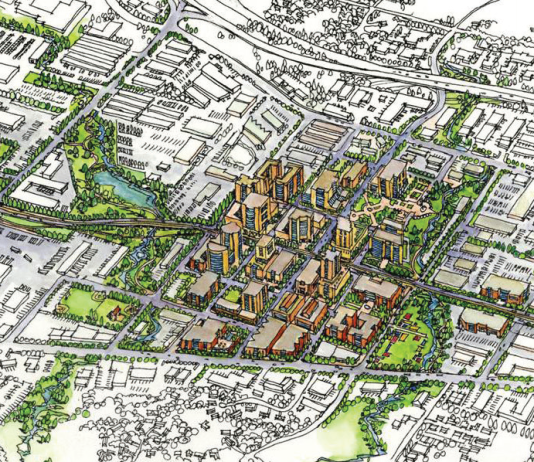 A Better Bel-Red Aerial rendering of Bel-red neighborhood with TOD near Link stations.