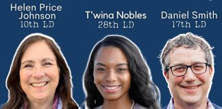 A graphic with headshots of Helen Price Johnson (10th LD), T'wina Nobles (28th LD) and Daniel Smith (17th LD).