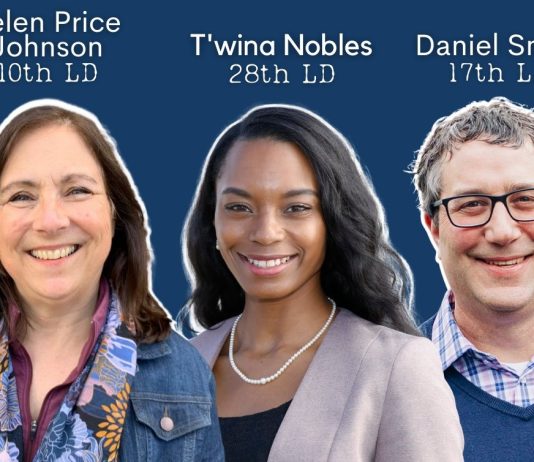 These Races Could Cement Progressive Majorities in Olympia A graphic with headshots of Helen Price Johnson (10th LD), T'wina Nobles (28th LD) and Daniel Smith (17th LD).