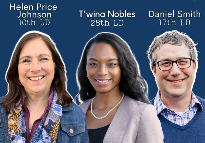 A graphic with headshots of Helen Price Johnson (10th LD), T'wina Nobles (28th LD) and Daniel Smith (17th LD).