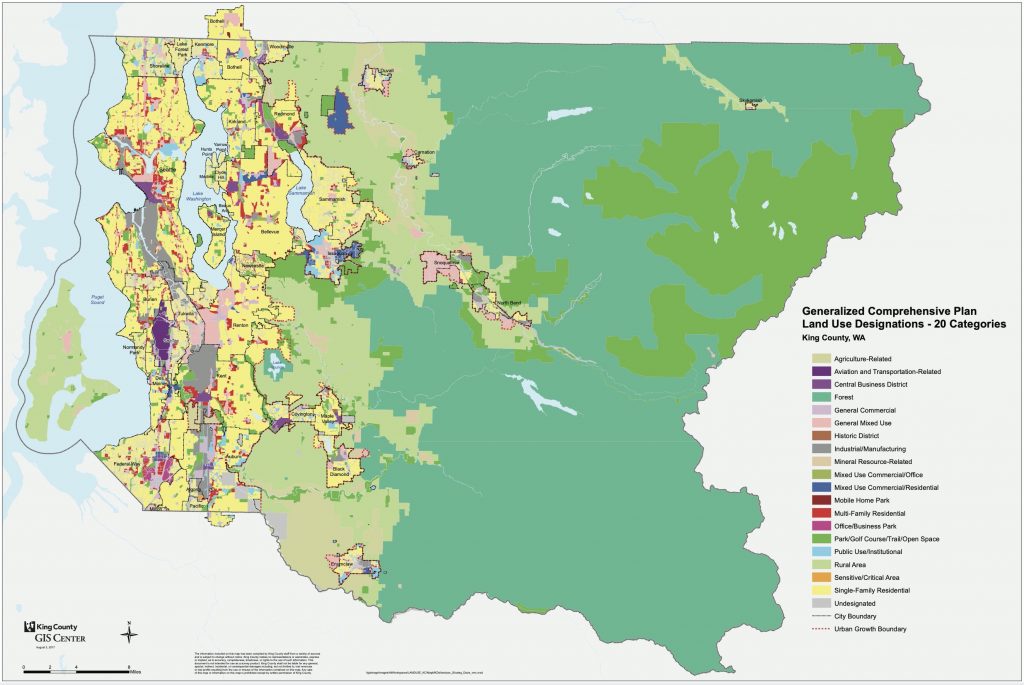Map showing the generalized comprehensive plan land use designations in Washington State over 20 categories. 