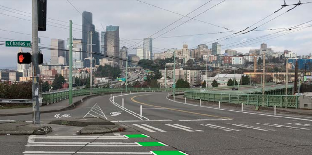 Rendering of the completed protected bike lane across the Jose Rizal Bridge. (City of Seattle)