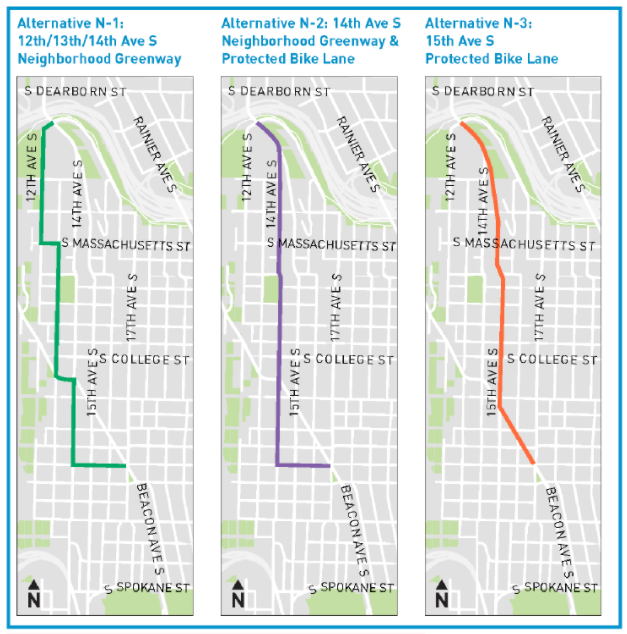 The three options being considered for a north Beacon Hill safe bike route. (City of Seattle)