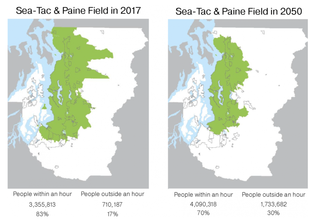 Comparison of 60-minute drive-time of regional population to commercial airports in 2017 versus 2050. (PSRC)