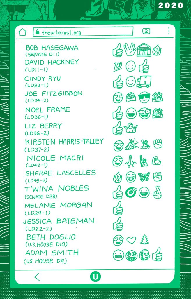 We gave a thumbs up to David Hackney, Cindy Ryu, Joe Fitzgibbon, Noel Frame, Liz Berry, Kirsten Harris-Talley, Nicole Macri, Sherae Lascelles, T'wina Nobles, Melanie Morgan, Jessica Bateman, Beth Doglio, and Adam Smith.