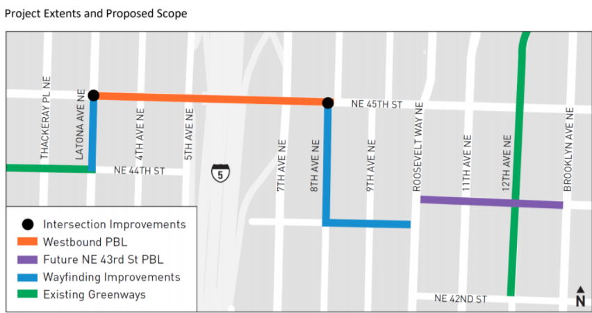A map of proposed improvements for cyclists and pedestrians between Thackeray Place NE and 12 Avenue NE on and near NE 45th Street in Seattle.