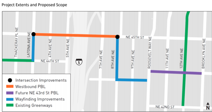 Proposal for NE 45th Street protected bike lane and adjoining greenways.