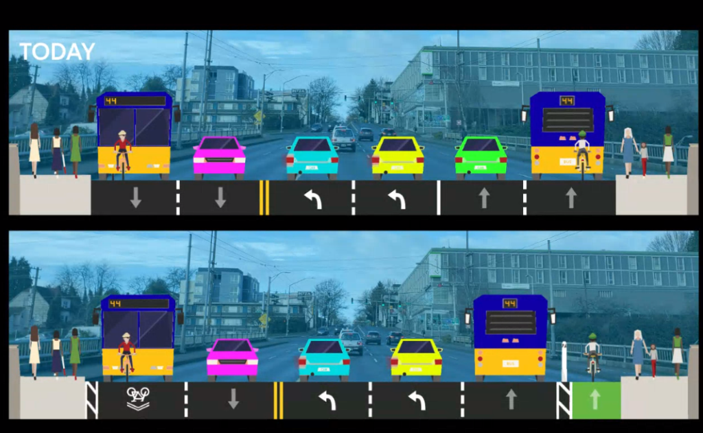 A redesign of the NE 45th Street I-5 overpass. A more recent design adds jersey barrier to protect the south side sidewalk. (Credit: Eric Fisk)