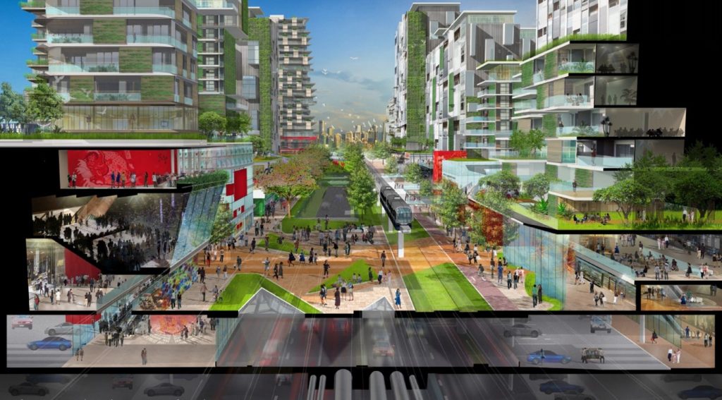 A rendering of a dense forest city with tall building green, infrastructure, and pedestrianized streets. 