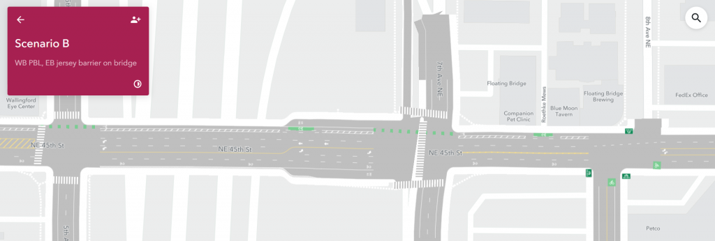 Computer blueprint of the area around the I-5 overpass with a continuous westbound bike lane