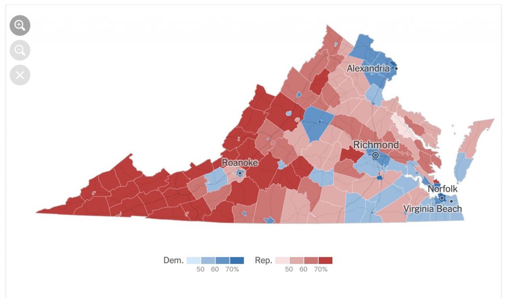 The various independent cities of Virginia show up brightly in this year's election map. Enclaves of blue voters in large swaths of red show the independent cities nestled throughout counties in the Shenandoah Valley. (New York Times)