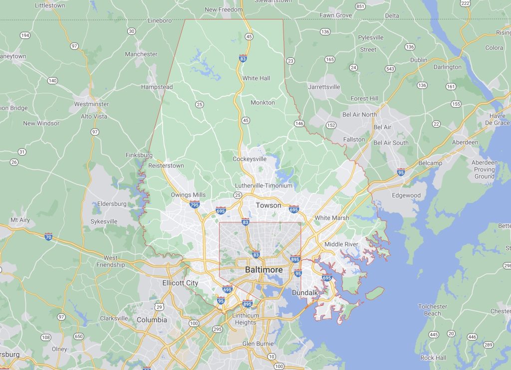 Baltimore City is almost completely surrounded by Baltimore County (highlighted). It is weirdly difficult to find a good consolidated map image of both City and County. The famous Inner Harbor is approximately at the "i" in Baltimore, and Ray's old house was at the "e", a neighborhood called Highlandtown. (Google Maps)